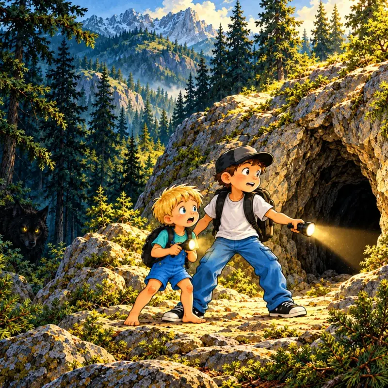 Brawny and Keen explore a mountain cave with flashlights