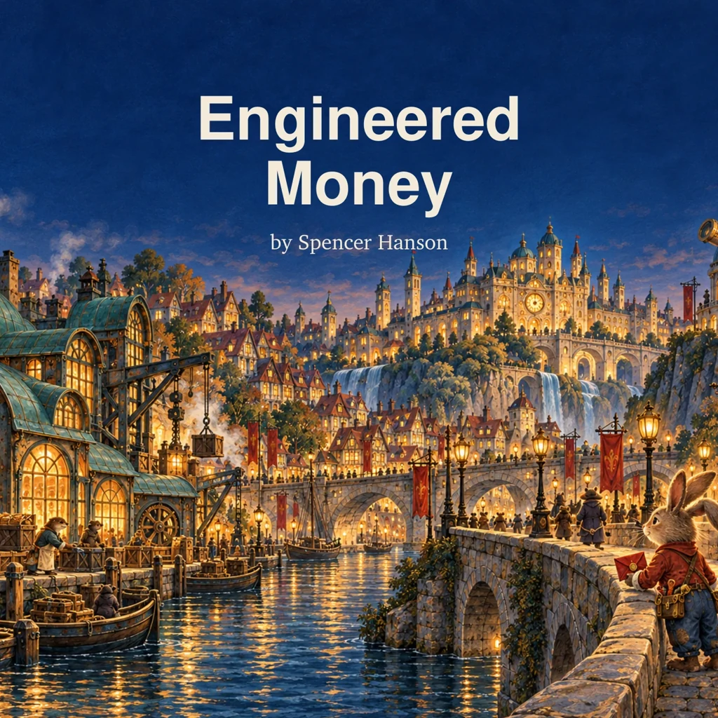 Engineered Money cover: a lantern-lit city beside a river