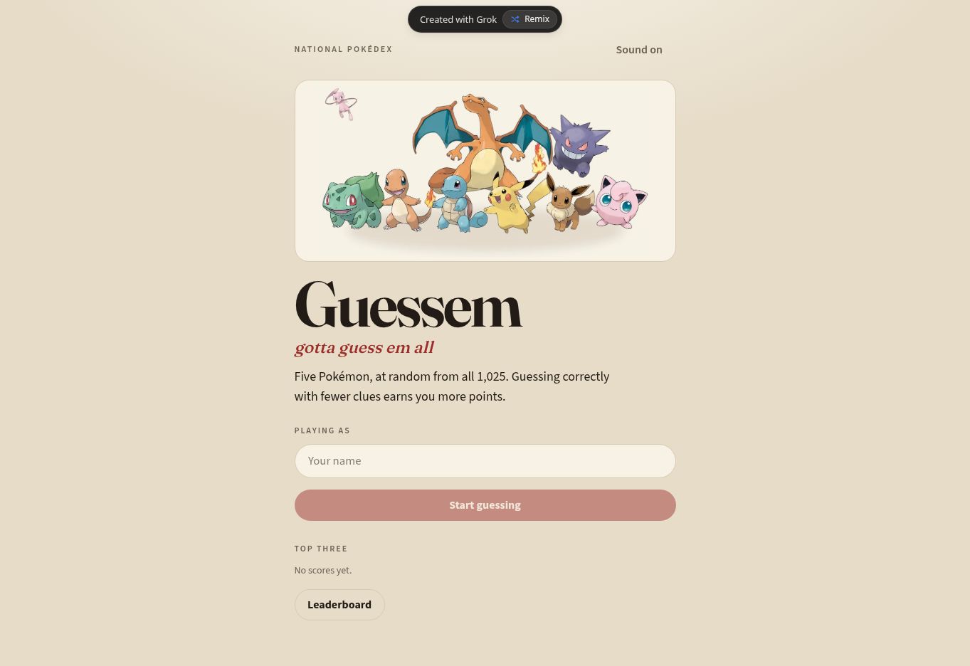 Guessem Pokémon guessing game start screen